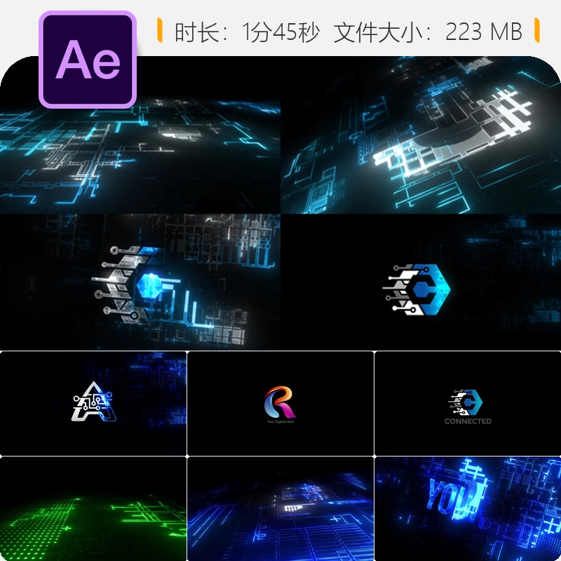 赛博朋克AE模板科技LOGO动画霓虹故障光效电路HUD复杂元素设计