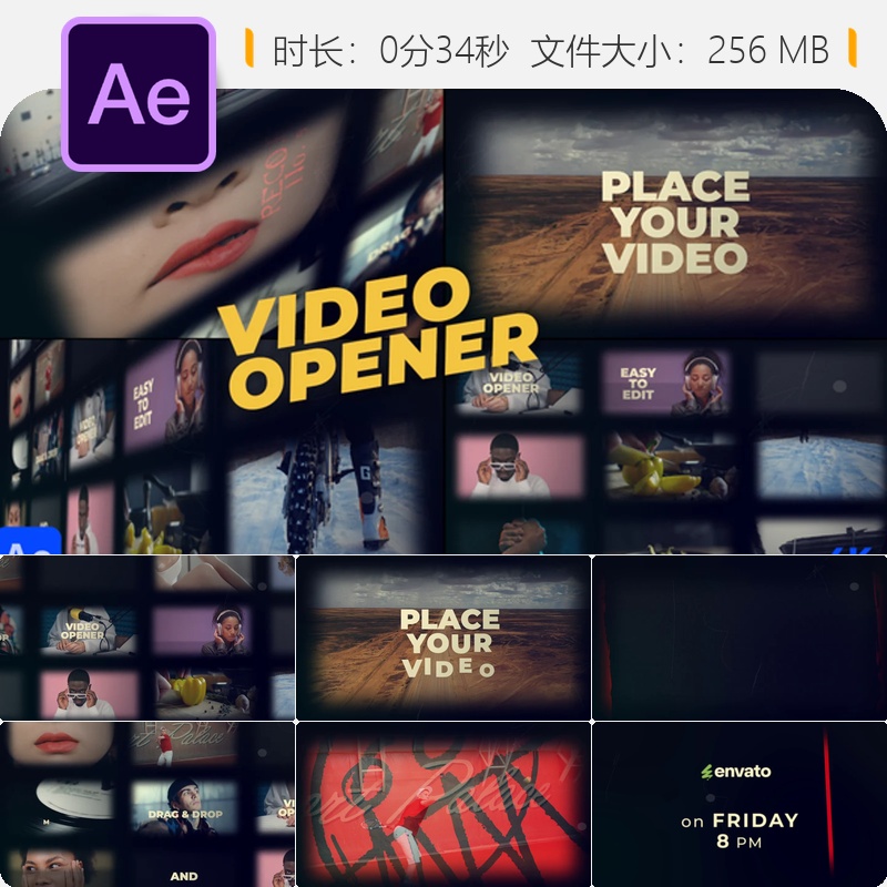 复古电影效果AE模板动态监控显示器片头开场视频制作时尚活动