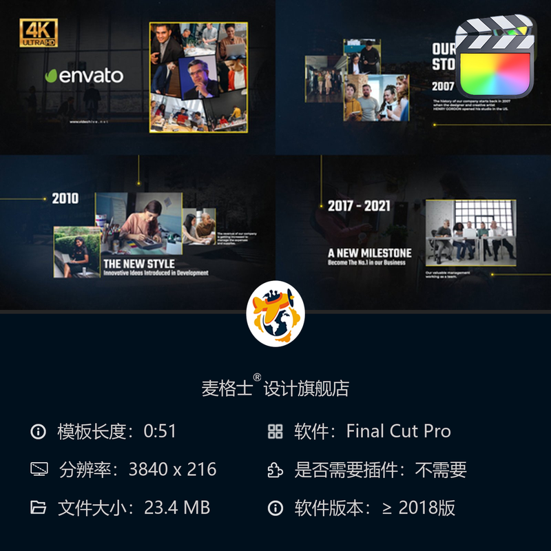 现代企业竖版时间轴动态相册FCPX模板商务MG动画品牌历史展示