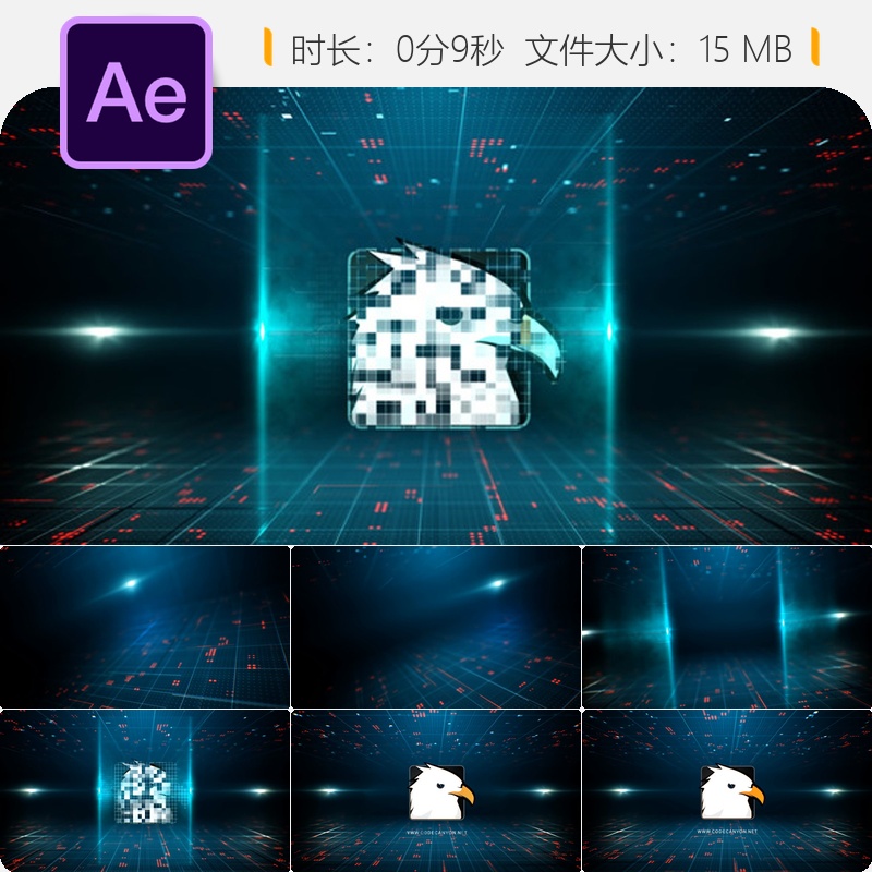 未来科技AE模板4K数字LOGO动画激光网格故障扫描企业片头设计