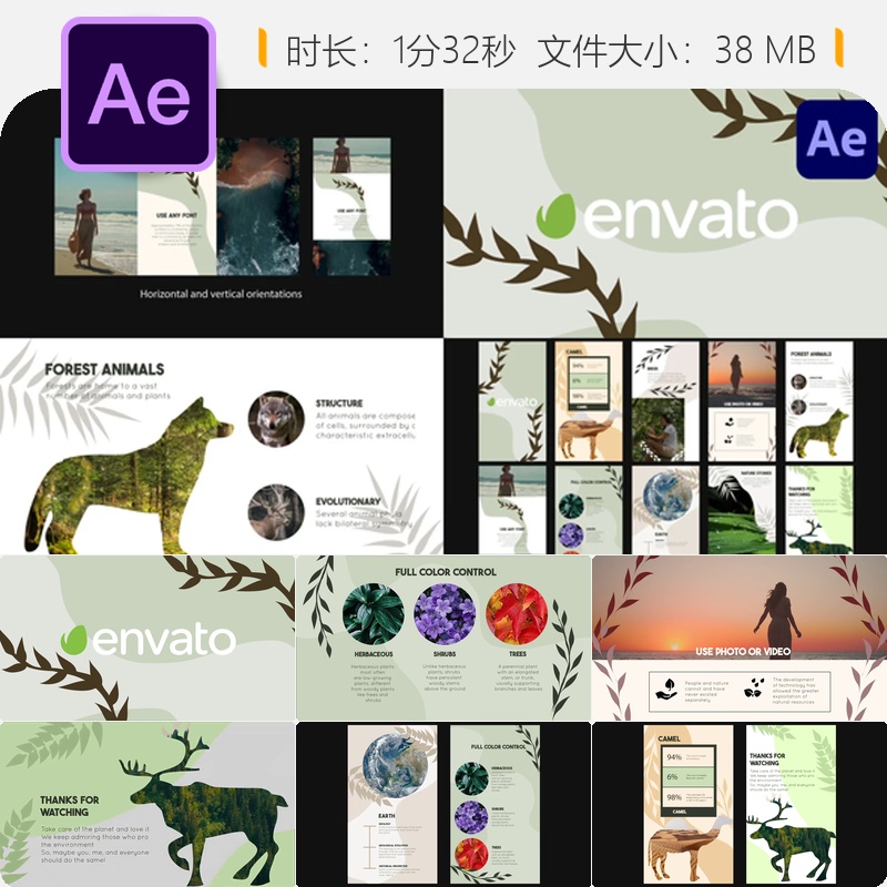 自然动物卡通花朵多彩AE模板动画开场片头视频制作素材包合集
