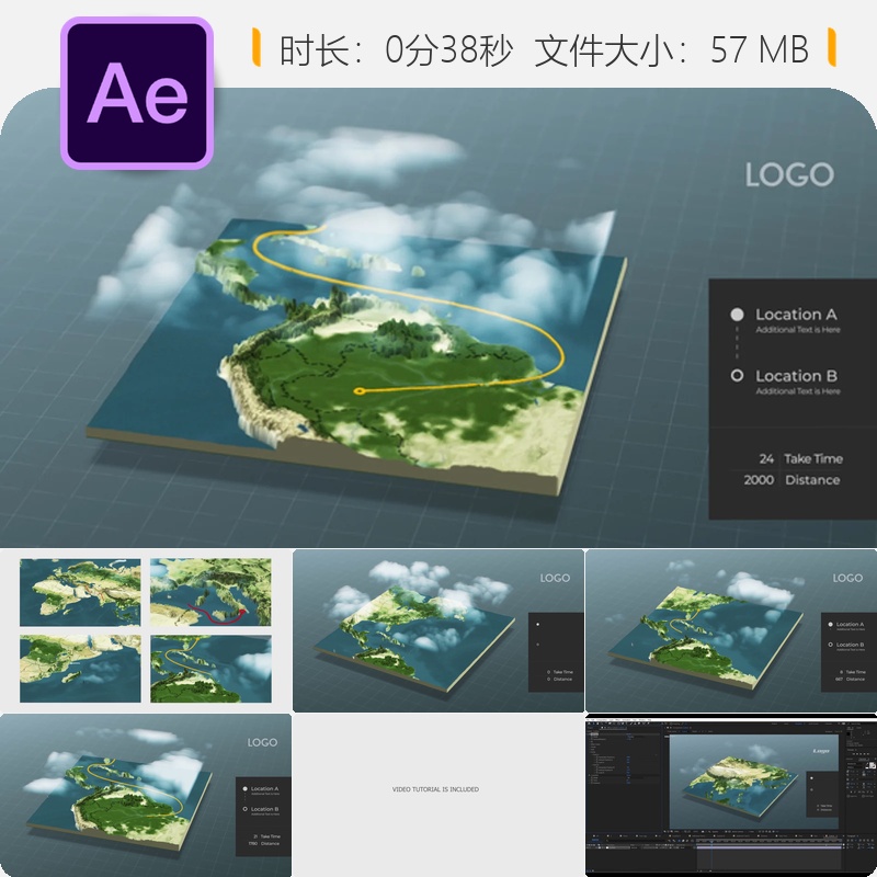 世界地图路线物流运输导航3D地球路径动画AE模板4K高清素材包