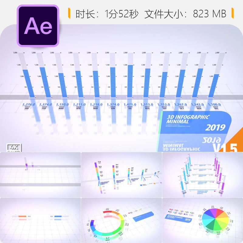 三维极简信息图表AE模板商业数据统计图表展示分析报告动画