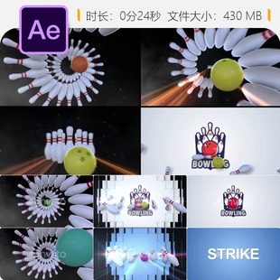 保龄球竞技3D动态LOGO动画AE模板圆形球道冲击开场片头设计制作