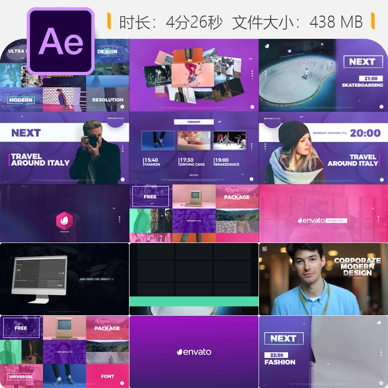 AE模板广播包装电视节目片头媒体频道标识动画4K片尾演职员表