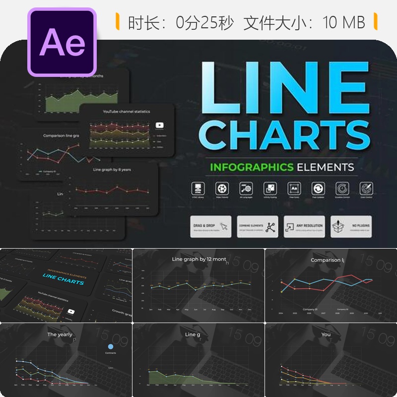AE模板线性图表信息图企业数据可视化科技商务演示动画设计制作