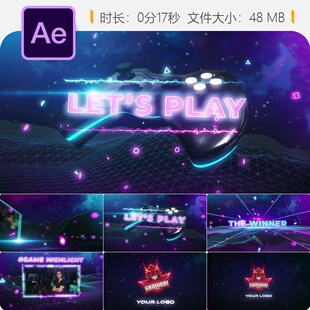 复古霓虹电竞LOGO开场AE模板80年代游戏风格格栅动画片头设计