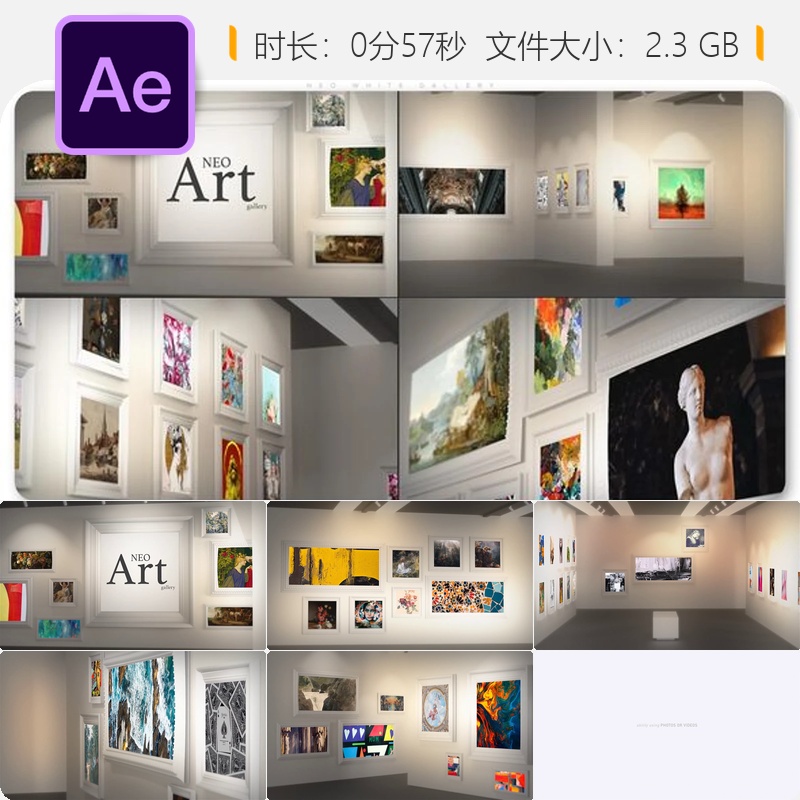 Neo White Gallery数字艺术收藏品AE模板现代照片画廊NFT项目展示