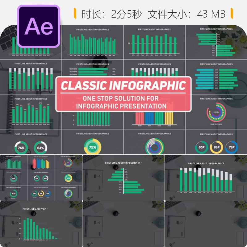 现代数据统计图表商业信息图AE模板扁平化设计移动端数据可视化
