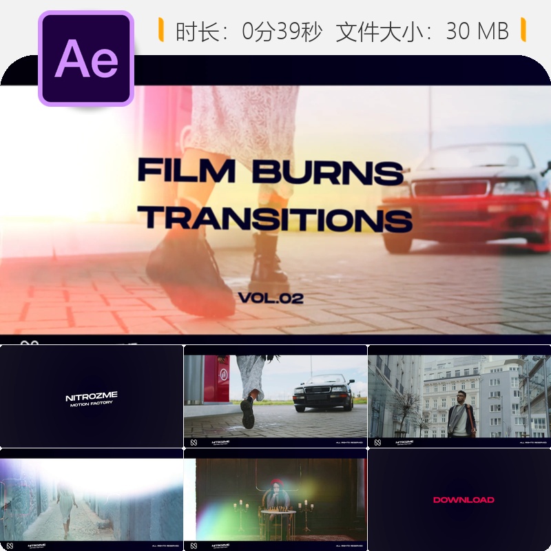 Film Burns Transitions Vol 02 AE模板电影烧灼转场特效视频素材