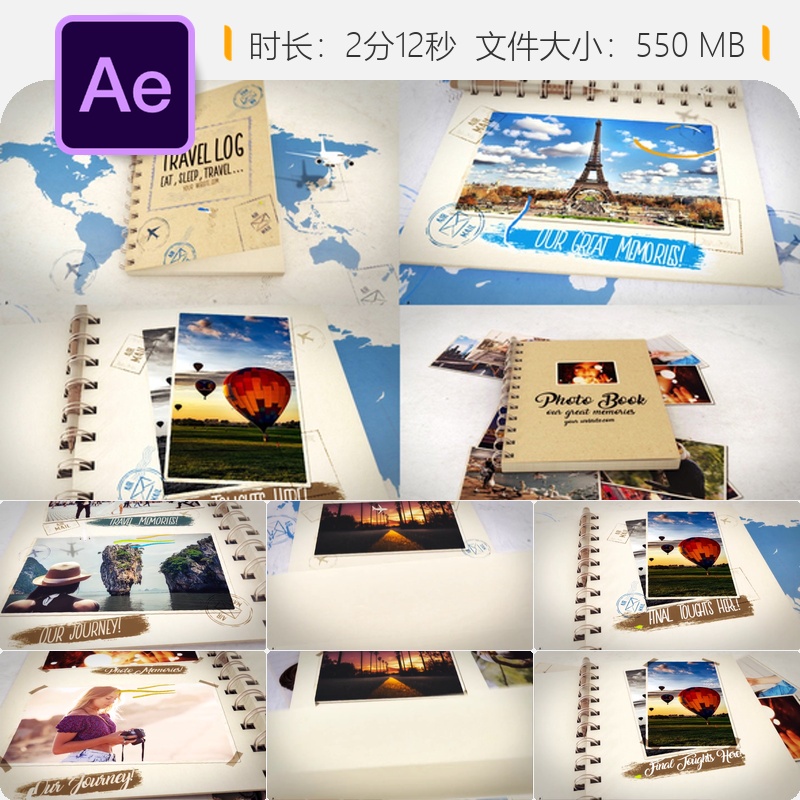 AE模板旅行相册家庭度假回忆录视频开场4K照片相册动画制作