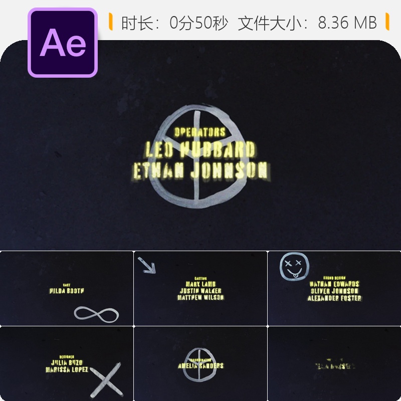 电影片尾AE模板Grunge风格片尾字幕动画4K视频制作电影片尾设计