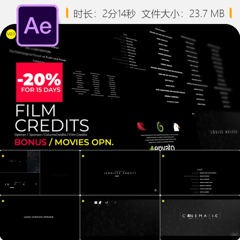 电影片尾滚动字幕AE模板电影开场序列电影胶片风格4K片头设计