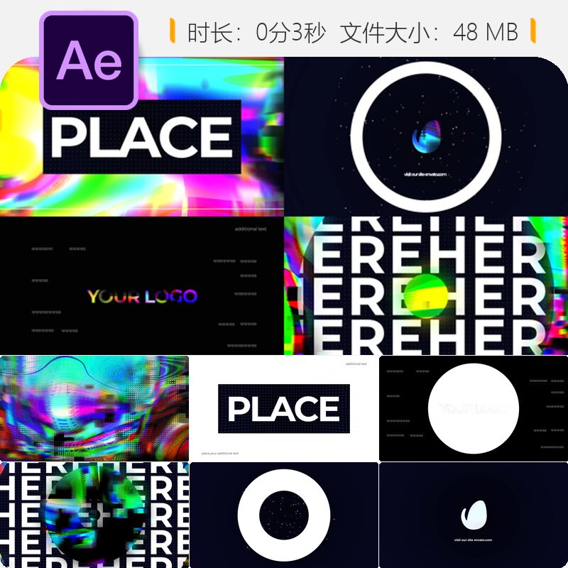 RGB故障数字LOGO动画AE模板赛博科技风格4K动态像素噪点效果展示