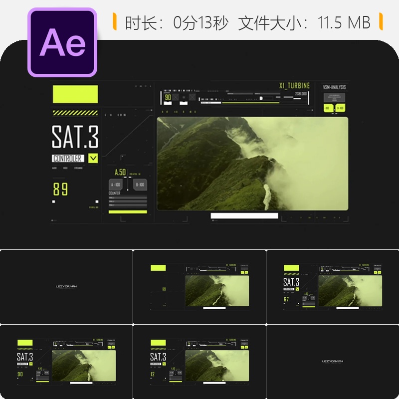 HUD数字信息图表AE模板科幻屏幕元素无人机界面控制模块化设计