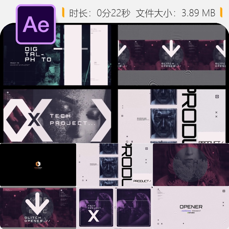 Glitch风格AE模板绿色时尚动态LOGO动画开场4K高清视频素材包