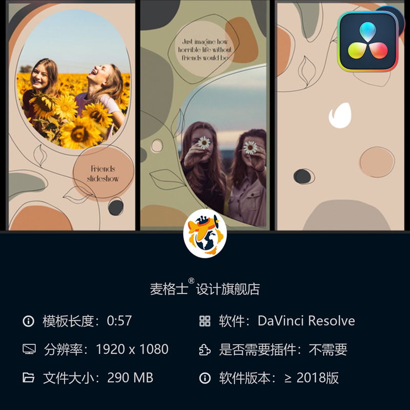 DaVinci Resolve友情纪念竖版短视频相册模板浪漫回忆MG动画风格