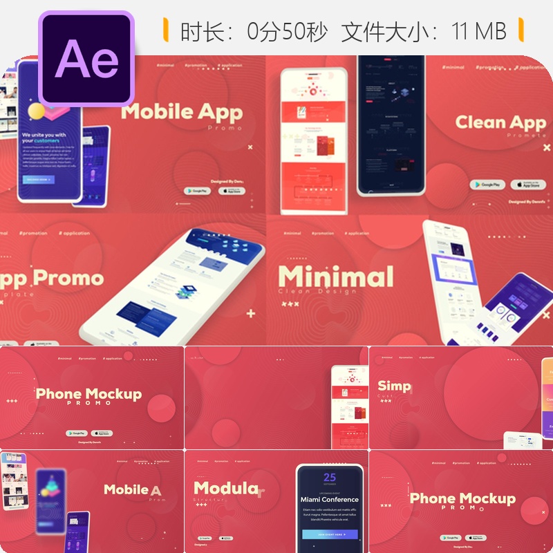 AE模板手机平板应用宣传片扁平化设计手势操作演示动画4K分辨率
