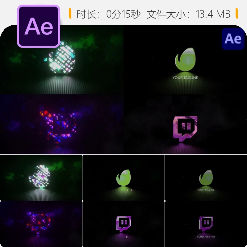 方块故障LOGO动画AE模板数字干扰高科技品牌标识炫酷特效4K素材