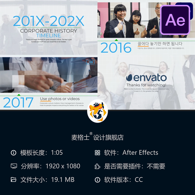 企业历史时间线AE模板现代数据图表品牌发展成长动态展示4K动画