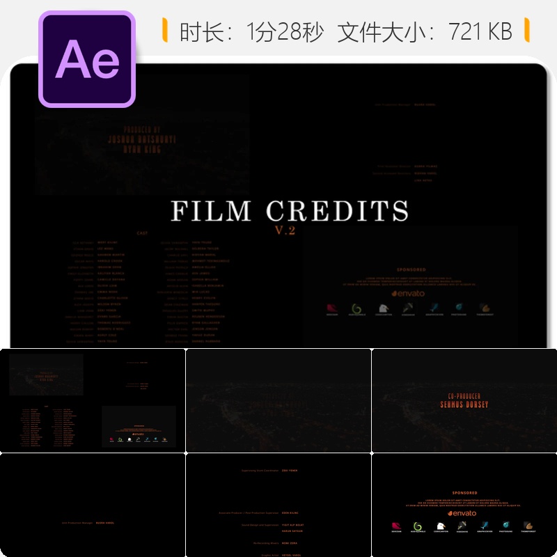 电影片尾字幕AE模板简约风格电影片尾演职员表动画制作素材包