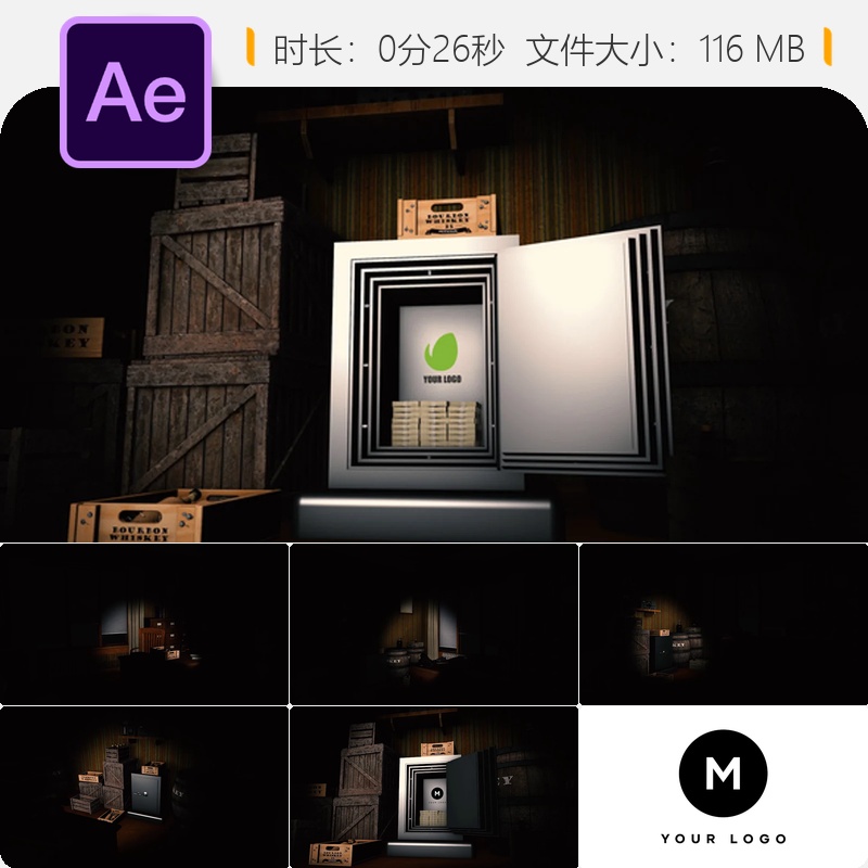 禁酒令时代黑帮侦探芝加哥犯罪现场违禁品酒桶AE模板4K标志动画