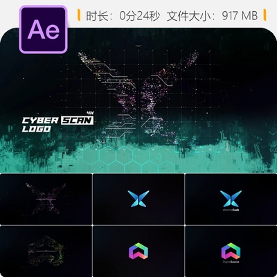 AE模板数字扫描4K LOGO动画故障科技感粒子像素云计算未来主义