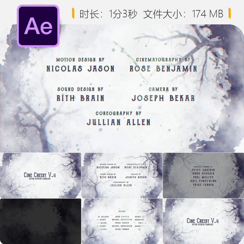 恐怖电影片尾字幕AE模板悬疑电影片头序列电影片尾演职员表设计