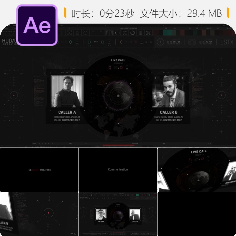 HUD秘密行动通讯界面AE模板政府情报监控控制室FUI元素动画特效