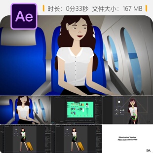 AE模板卡通角色动画飞机旅行度假行李箱企业宣传片4K视频素材