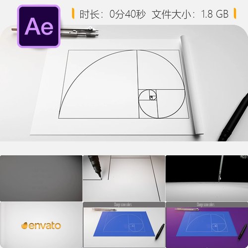 黄金比例PHI标志AE模板技术艺术LOGO动画企业设计蓝图建筑师风格