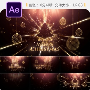 圣诞AE模板金色粒子圣诞树节日LOGO动画片头4K圣诞夜新年祝福