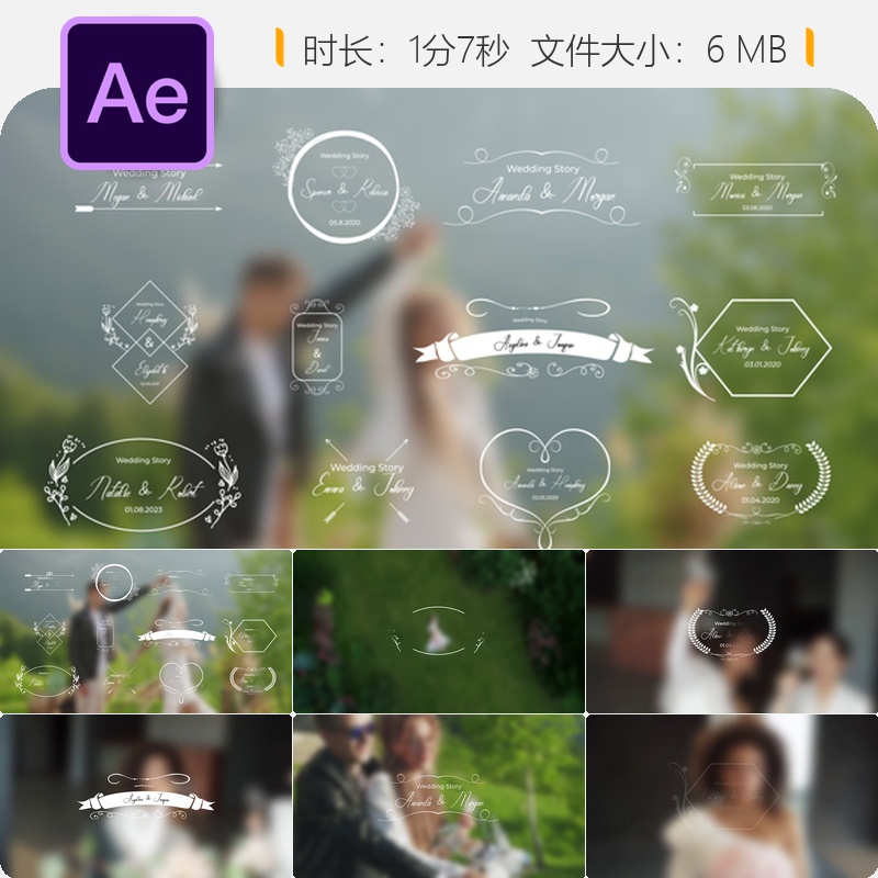 婚礼AE模板复古电影感动画徽章图标开场包婚礼元素合集4K高清