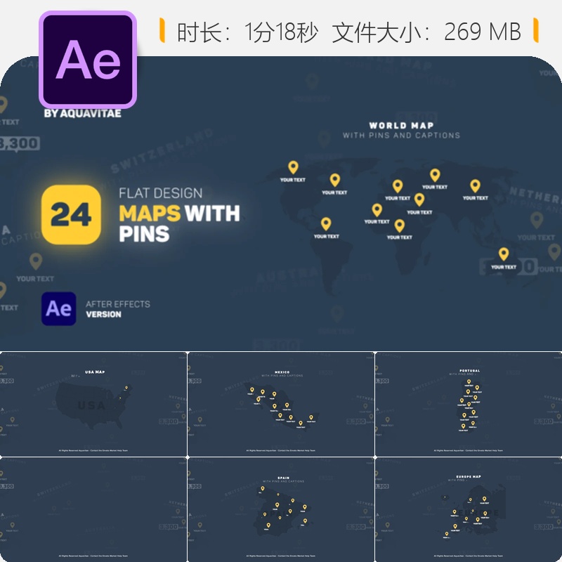 扁平化设计地图定位标记AE模板信息图表动画科技数据可视化效果
