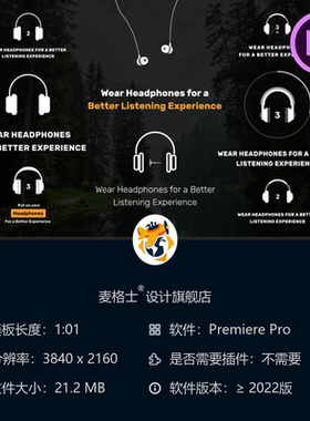 耳机使用提示动画PR模板绿色背景水平横屏4K高清版权声明模板