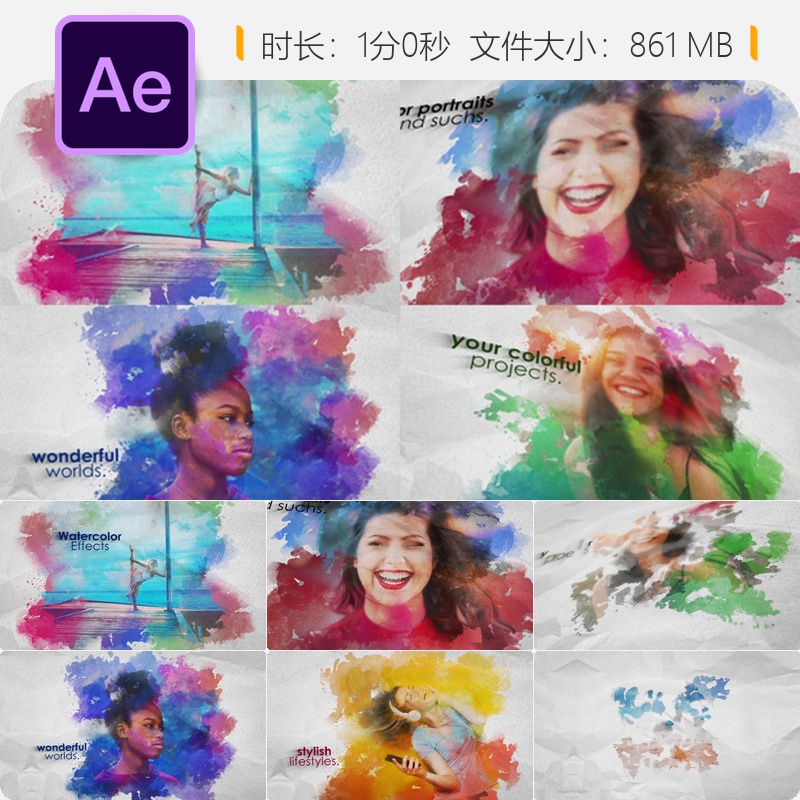 水彩艺术油彩绘画AE模板视频开场彩色创意动画4K高清设计素材