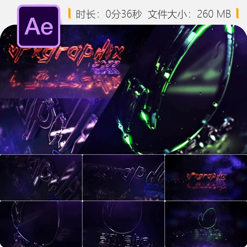 Cyber Neon闪电3D标志AE模板史诗开场LOGO动画能量火花雷电特效