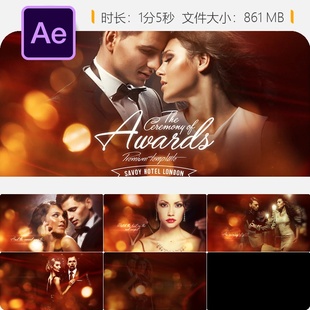 奥斯卡颁奖典礼AE模板电影片头金色相册开场动画婚礼预告片