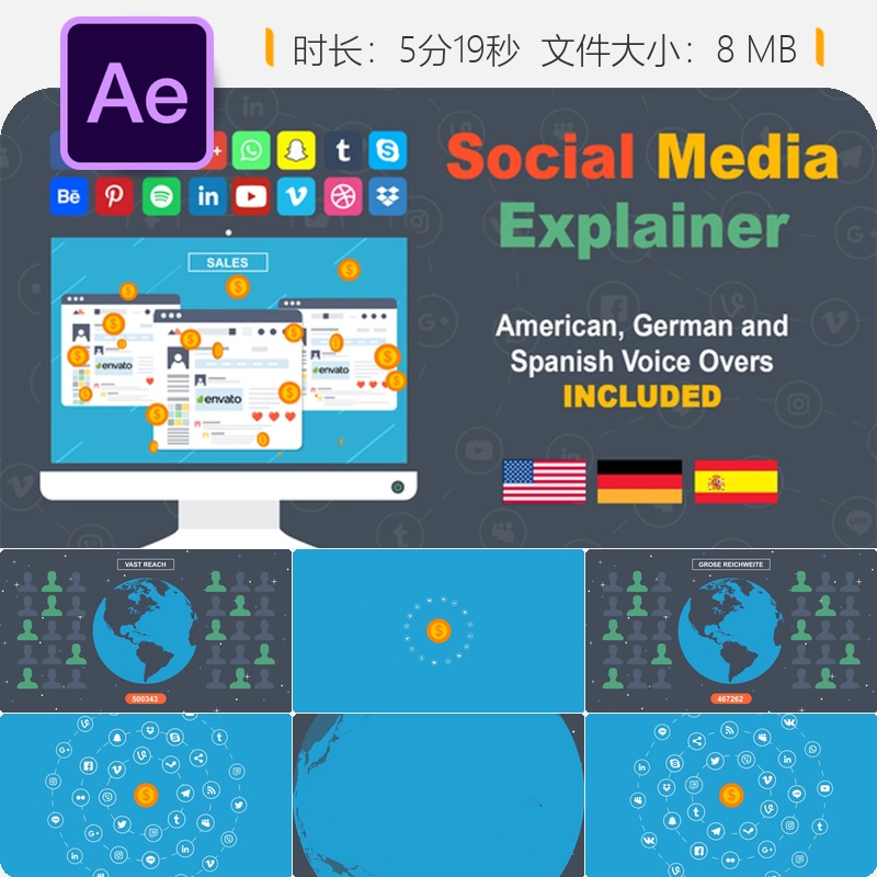 社交媒体商业广告AE模板扁平化信息图表动画企业宣传视频制作