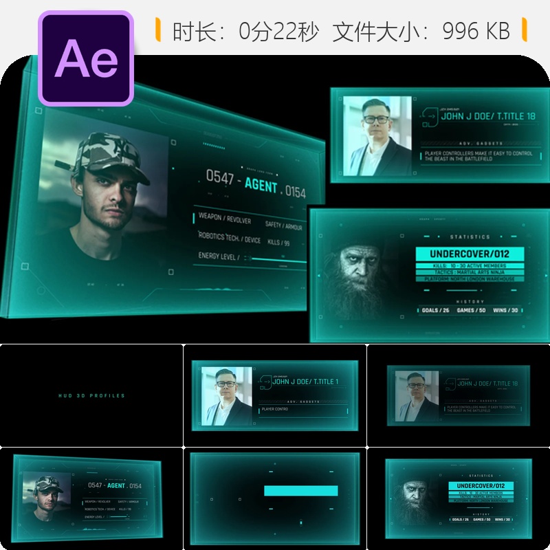 HUD 3D Profiles 6 AE模板动作游戏战斗体育健身4K特效元素设计