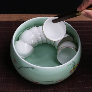 建水洗茶杯盆 大号茶洗碗茶渣缸带盖客厅家用青瓷手绘水盂笔洗中式