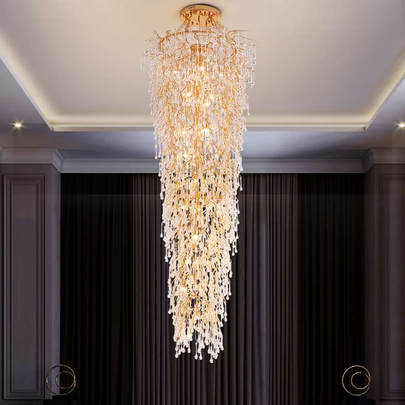 别墅长吊灯楼梯旋转楼梯间轻奢水晶复式大吊灯挑空中空大客厅树枝