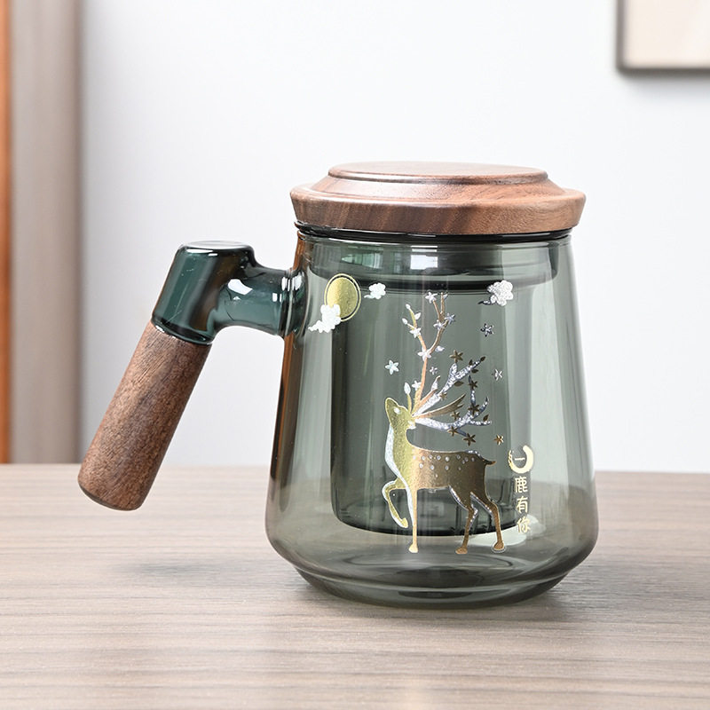 玻璃茶壶木把泡茶茶杯透黑三件杯茶水分煮茶壶家用办公烟榭壶
