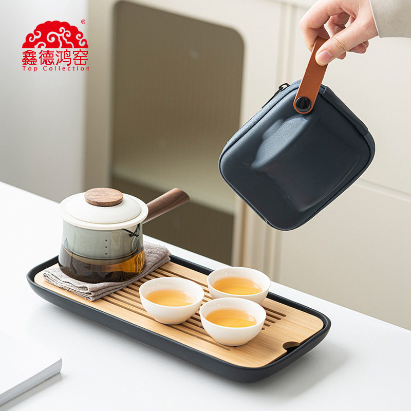 德鸿窑 侧把悠然旅行茶具套装便携式玻璃快客杯户外旅游一壶三杯