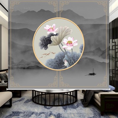 定制新中式印花卷帘窗帘卷拉式升降安装茶室办公室客厅遮阳装饰帘