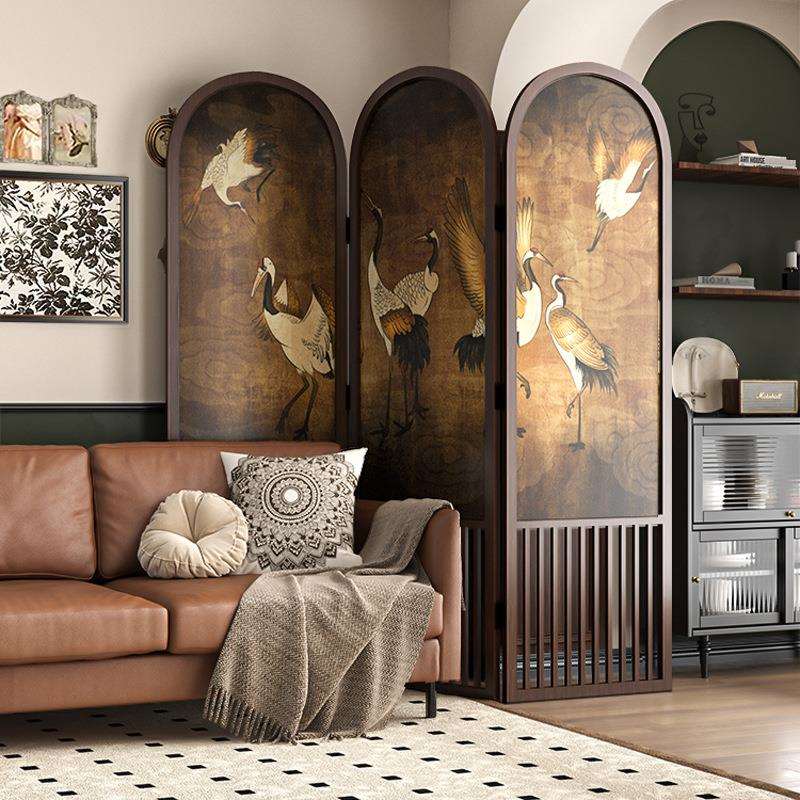 法式复古实木屏风隔断中古混搭设计师款可折叠移动客厅家用遮挡画