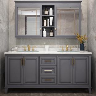 轻奢岩板风水镜浴室柜组合橡木落地式美式简约双台盆高档级洗手台