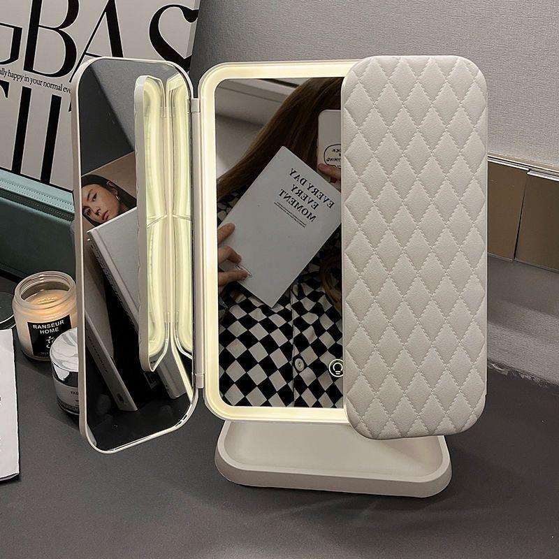 LED台式化妆镜二合一体贝壳三面收纳盒折叠梳妆镜可调节镜化妆镜