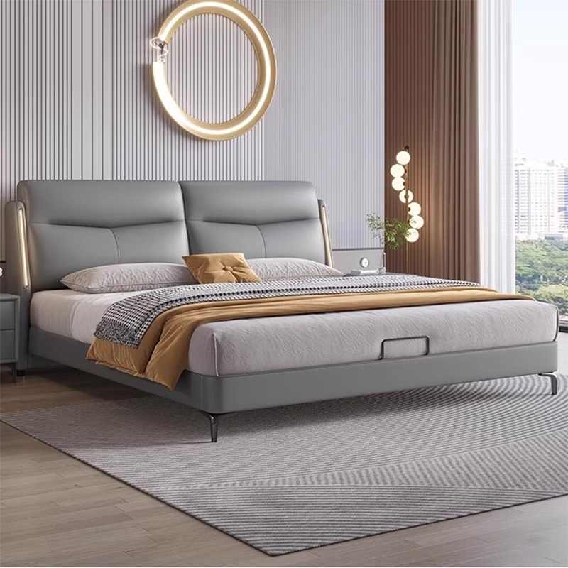 轻奢皮床主卧双人大床现代简约1.8米婚床1.5米高箱储物床带感应灯