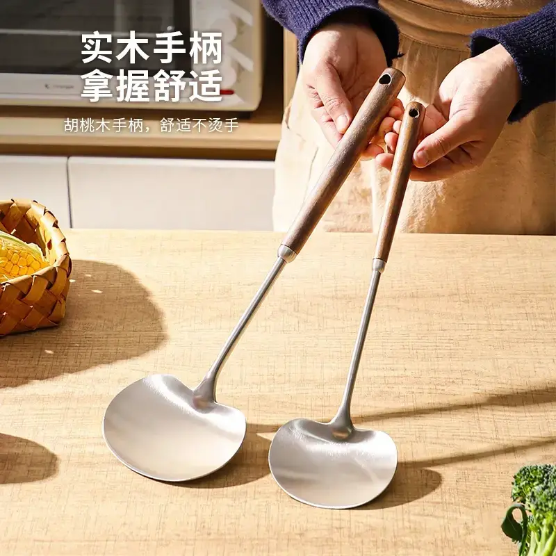 【下单立减50】不锈钢蘑菇铲家用炒菜老式厨具锅铲胡桃木柄防ZP